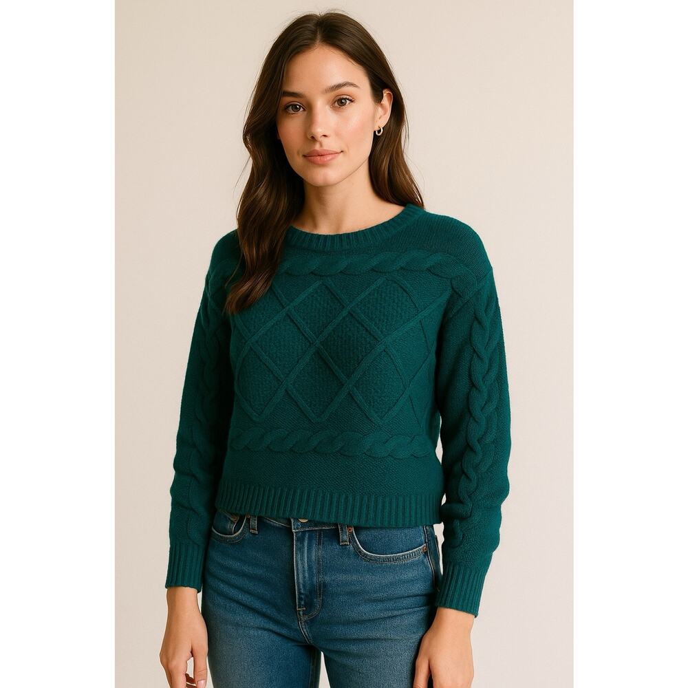 Gianni Bini Teal Cable Knit Sweater Small Cropped Chunky Pullover Comfort Preppy